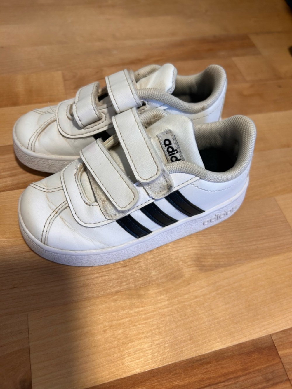 Adidas Kids White Sneakers with Black Stripes - Double Velcro